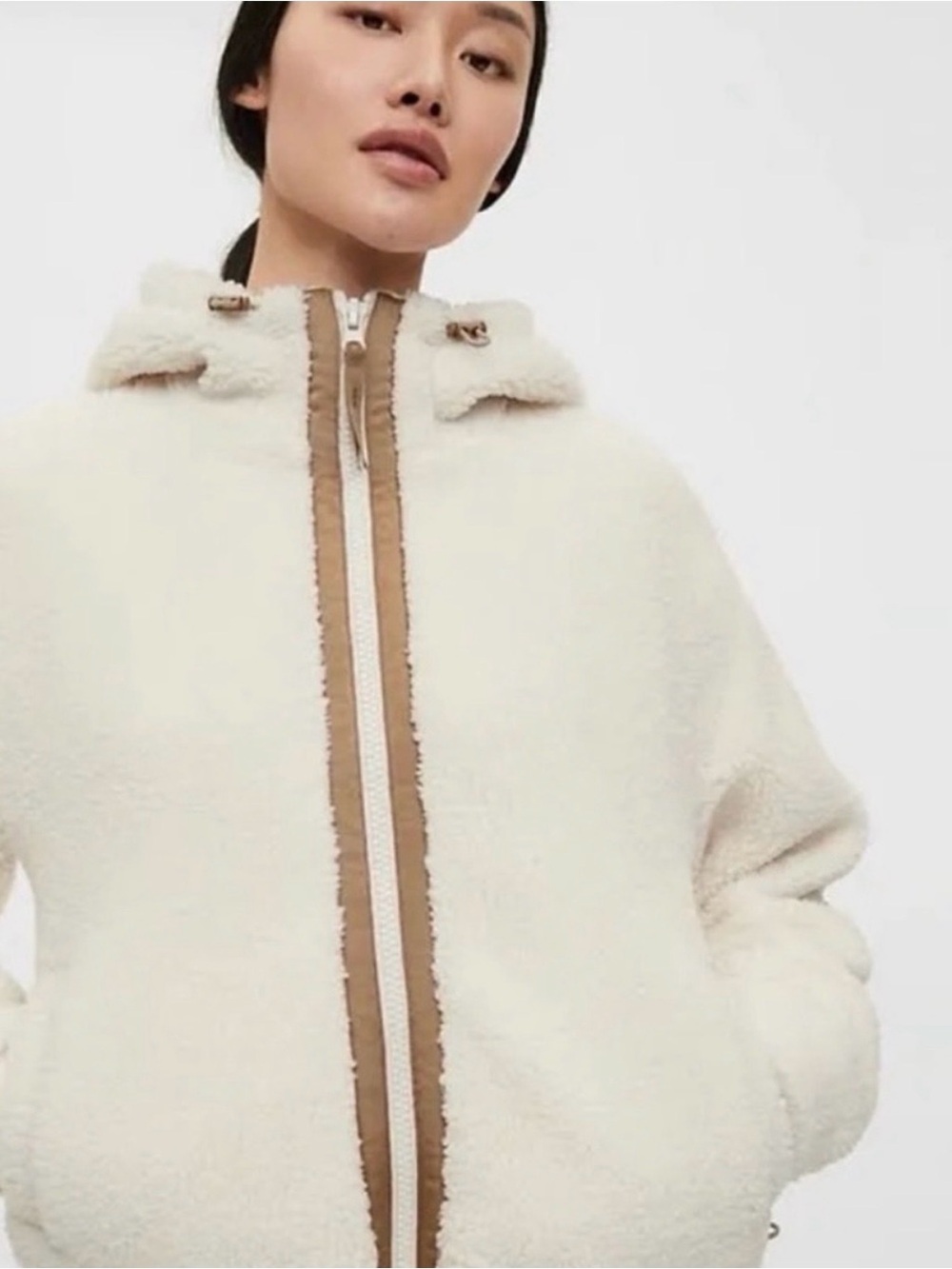 GAPFit Cream Teddy Zip-Up Hooded Jacket with Tan Trim